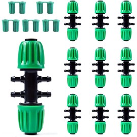 Rolcoassuns 20PCS Barbed Tee 1/2 inch to 1/4 inch Irrigation Tubing, Anti-Drop 6 Way Adapter Barbed Tee Connectors with 20 End Plugs for Drip Systems (fits 14mm ID/ 4mm ID), Green