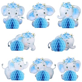 Glenmal 8 Pcs Blue Elephant Honeycomb Centerpieces Blue Elephant Birthday Table Decorations Floral Elephant Party Favors for Birthday Party Supplies, 8 Styles