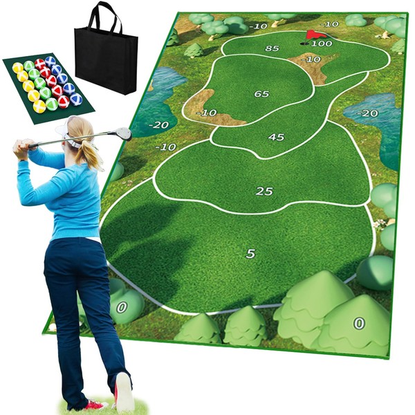 HC Kenshin Chip and Stick Golf Game, Indoor Golf Chipping Mat Practice Set Outdoor Play Equipment Backyard Games for Adults Family (GreenA 30"x58")