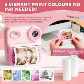 TofpeyVibe Kids Instant Print Camera – 48MP Dual Lens, 1080P Video, 5 Mono Colour Printing (Blue/Green/Yellow/Pink/Black), 2.4″ IPS Screen, 16× Digital Zoom, 64GB, Gift Camera for Ages 3–12