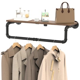 YheenLf Industrial Pipe Clothes Rack, Wall Mounted Garment Rack, Heavy Duty Iron Shelf with Hanging Rod for Hanging Clothes, 41.3x10.2x5.9 Inch, Black