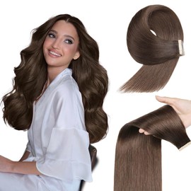 YDDM Tape-In Real Hair Extensions, 20 Pieces, 55 cm, 50 g, Dark Brown, Invisible Tape Extensions, Real Hair Tape Extensions, Skin Weft Hair Extensions (22 Inches, 2#)