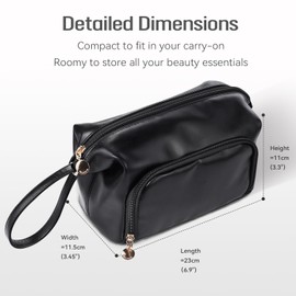 Abiudeng Makeup Bag for women,Toiletry Travel Makeup Bags Pouch with Brush Compartments, Large Portable Cosmetic Bag with Handle,Wide Open Cute Bag,PU Water-Resistant Makeup Bag-Black
