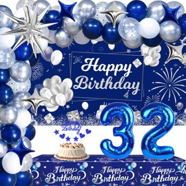 Blue 32nd Birthday Decorations for Him Her, 32nd Silver and Navy Blue Birthday Decorations for Men Women with Happy Birthday Backdrop Banner Tablecloth Balloons Arch Foil Balloons Party Supplies