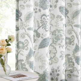 Kayne Studio Linen Textured Botanical Semi Sheer Curtains, Blue Grey Floral Farmhouse Curtains for Living Room Bedroom, Light Filtering Jacobean Curtain Panels, Rod Pocket Back Tab,52"x95",2 Panels