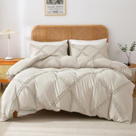 MILDLY Boho Duvet Cover Beige - Tufted Comforter Cover Set Geometric Textured Jacquard Full Size Bedding Set with Corner Ties & Zipper Closure