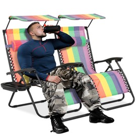 MoNiBloom 29-Inch Oversized Zero Gravity Chairs Set of 2, Patio Anti Gravity Recliner with Canopy Shade, XL Foldable Outdoor Lounger with Cup Holder Tray for Beach Camping, Rainbow