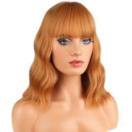 PATTNIUM Strawberry Blonde Wig with Bangs for Women Short Curly Wavy Blonde Wig Strawberry Blonde Bob Synthetic Wig with Wig Cap