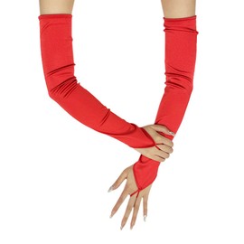 Huralona Womens Long Elbow Lace Gloves Long Floral Satin Opera Gloves Costume Elbow Length Fingerless Gloves for Dance Party (Satin Red, 50cm)