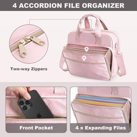 Prokva 3 Ring Zipper Binder 2 Inch, Accordion File Organizer with Shoulder Strap, Zip Up Binder with 500-Sheet Capacity, Pink
