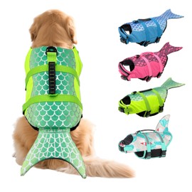 Kosgraiy Dog Life Jacket Mermaid Dog Life Vest with High Buoyancy and Rescue Handle for Boating,Adjustable Puppy Swim Jacket Pet Floating Vest for Small Medium Large Dogs,Gradient Green,L