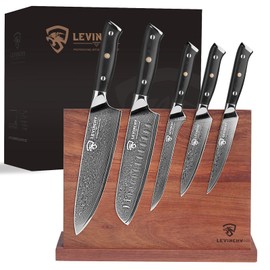 LEVINCHY Damascus Kitchen Knife Set 6 Pieces, Black Premium G10 Handle, Chef Knife/Santoku/Boning/Utility/Steak/Magnetic Knife Block