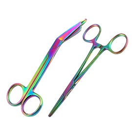 PRECISE CANADA: NEW PREMIUM MULTI TITANIUM RAINBOW COLOR LISTER BANDAGE SCISSORS 5.5" + STRAIGHT HEMOSTAT FORCEP 5.5" (SET OF 2)