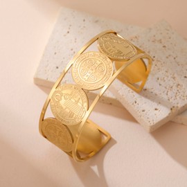 Dreamtimes Saint Benedict Adjustable Stainless Steel Bracelet for Men Women Cross St. Benedict Religious Christian Cuff Bangle Elegant Religious Jewelry with Spiritual Protection (Gold)