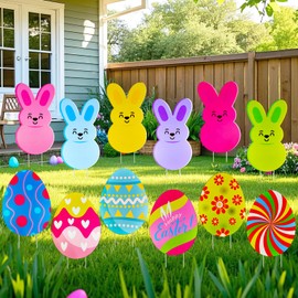 Heyigrow Easter Bunny Yard Signs Colorful Backdrop With Stakes Front Porch Decor Cute Rabbits Eggs outdoor Garden