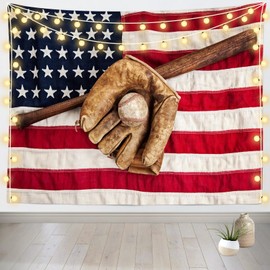 Loccor Baseball Tapestry Vintage Baseball League Equipment Tapestry Bat Glove and Baseball on American Flag Wall Hanging Sport Tapestry for Men Boys Bedroom Wall Decor 80''x60''