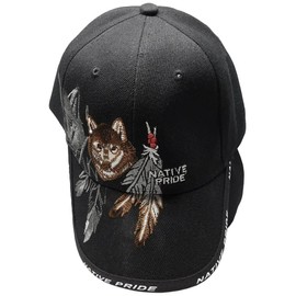 Native Pride Indian Wolf Shadow Feather Black 100% Cotton Adjustable Embroidered Hat Cap