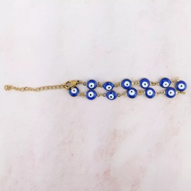 Scenic City Oddities W199a  Aqua Blue Evil Eye Beads on Stainless steel Gold plated Bracelet 7.5"