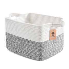 Goodpick Woven Storage Basket, Cotton Rope Baskets for Organizing, Closet Storage Bins with Handles, Small Laundry Basket for Clothes, Towels and Shoes, 13''x10''x9'', Gray and White