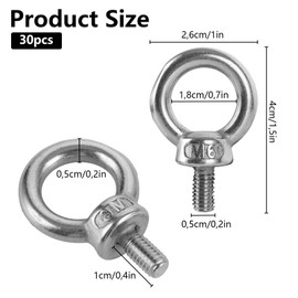 CYEER Pack of 30 Eye Bolts M6, 304 Stainless Steel Eye Bolt M6, Eye Bolt M6, Round Ring Bolts, Male Thread Eye Bolt for Attaching Hanging Ornaments, Flower Pots, Swing Stands, etc.