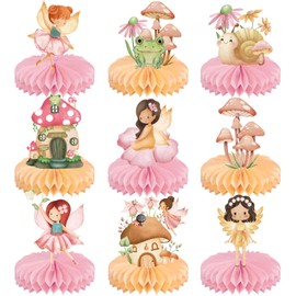 Funrous 9 Pcs Fairy Birthday Party Decorations Fairies Honeycomb Centerpieces Fairyland First Birthday Party Decor Mushroom Frog Paper Table Topper for Home Forest Baby Shower Wonderland Supplies