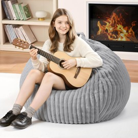 Homguava 2FT Bean Bag Chair, 2' Small Bean Bags with Memory Foam Filled, Beanbag Chairs with Machine Washable Cover Dutch Corded Plush Cover for Classroom,Living Room,Bedroom-Light Grey