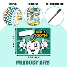 Gagiland 80 Pcs I Lost a Tooth Stickers with Marker Pen Writable & Waterproof Lost Tooth Stickers for School Dental Stickers for Decorating Boys and Girls Tooth Fairy Boxes
