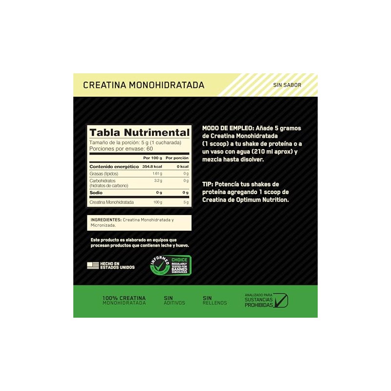 Optimum Nutrition Creatina en Polvo Sin Sabor 300G, 60 Servicios