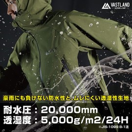 Vastland Stretch Rain Wear, Top and Bottom Set, Men's, Women's, Waterproof Index: 28.4 psi (20,000 mm), Olive, M