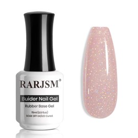 RARJSM Glitter Rubber Base Gel Nail Polish Nude Melon Pink Rubber Base Gel Rainbow Iridescent Shimmer Brush on Quick Extend Builder Hard Gel Soak Off Curing Requires 15ml Salon Home French Manicure