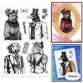INFUNLY Cartoon Animal Clear Stamps 6.3x4.3 Reusable Fox Cat Lady Silicone Stamp Dog Crow Gentleman Transparent Seal Stamps for Card Making Decoration DIY Scrapbooking Album Paper Crafts