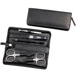 Sonnenschein by Hans Kniebes 5 Piece Leather Manicure Case - Nail Scissors, Cuticle Scissors, Tweezers, File, Hoof Stick - Black