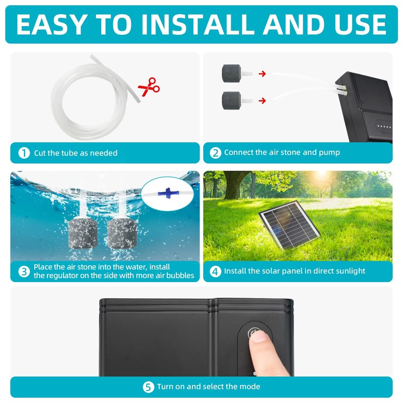 QCBF 5W solar aerator for pond, 3 operating modes, large