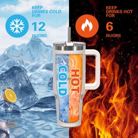 WATERSY 40oz Kaffeebecher to Go Thermobecher Doppelwandiger Edelstahl Vakuum Auslaufsicher Trinkbecher mit Griff und Strohhalm, Tragbare Autobecher Thermo Tumbler Hellbeige für Kalte Heiße Getränke