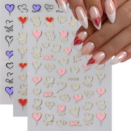 Valentines Nail Stickers 6 Sheets Heart Nail Decals Stickers for Nails Art Design with Pink Red Purple Heart Self-Adhesive DIY Nail Art Decoration Valentine's Day Nail Art Supplies