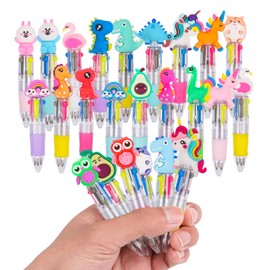 SULOLI 24 Pcs Multicolor Ballpoint 4-in-1 Pens, Retractable Cute Cartoon Animal Ballpoint Pens for Office School Supplies Students Gifts