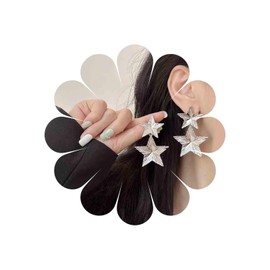 Allereya Vintage Silver Hammered Star Earrings Double Textured Star Stud Earrings Matter Star Drop Earrings Big Star Dangle Earrings Jewelry for Women and Girls