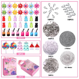 HSWE 263 PCS Charm Bracelet Making Kit,Colorful Gummy Candy Bear Milk Tea Lollipop Flower Pendant Charms Cute Funny Mushroom Earring Necklace DIY Jewelry Craft Making for Women