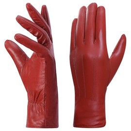 Harssidanzar Leather Gloves for Women, Winter Warm Fleece Lining, Touchscreen Vintage Finished GL018EU, red