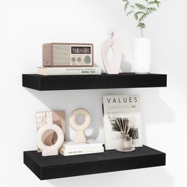 Fun Memories Floating Shelves - 2 Pack 8 Inch Rustic Wooden Wall Shelves - Extra Deeper & Thicker Wall Mounted Storage Shelf for Living Room, Kitchen, Farmhouse - 16" W x 8" D x 1.5" H - Rustic Black