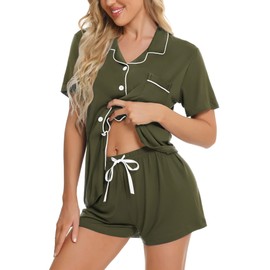 SWOMOG Womens Pajamas Set Button Down Soft Short Sleeve Sleepwear Loungewear 2 Pcs Pjs Shorts Set, Army Green Medium