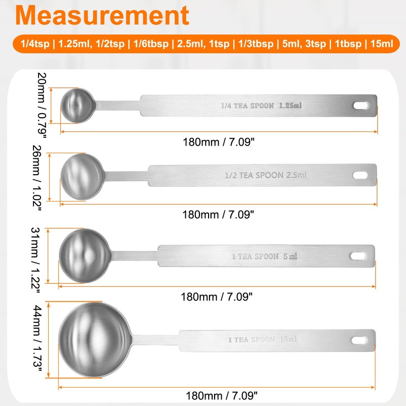 sourcing map 4pcs Single Measuring Spoon Set 1/4 1/2 1