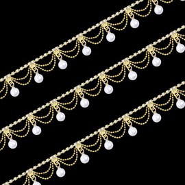 GLOBLELAND 1 Yard Pearl Tassel Rhinestone Fringe Trim Rhinestone Pearl Tassel Chain Diamond Crystal Tassel Fringe Trim for Sewing Crafts Wedding Dress Clothing Accessories DIY Decoration Golden