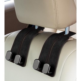 AMINOR 2 Pack Car Seats Hooks for Headrest, 2-in-1 Premium Leather Car Headrest Hanger with Metal Hooks, Car Seat Back Storage Hooks for Purses, Handbags, Phone (Black)