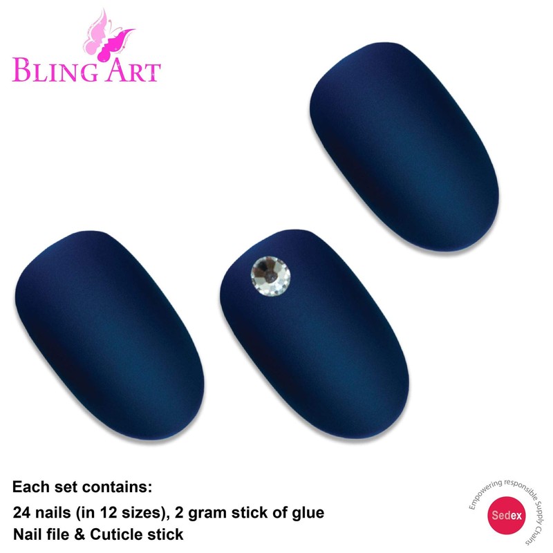 Bling Art False Nails Blue Matte Oval Medium Fake Acrylic