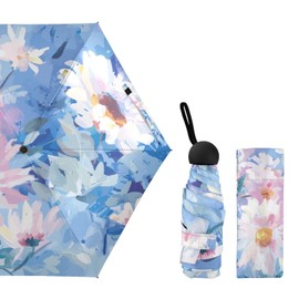LIKICOOL Stylish Pocket 5-Folding Mini Umbrella - Compact & Portable Design for Fashionable Travel Purse Backpack Girls Women Rain (Blue Floral, Mini Umbrella)