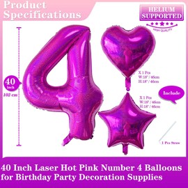 Laser Hot Pink Number 4 Balloons, 40 Inch Giant Pink Number Balloons Nylon Helium Hot Pink Number 4 Balloons for 4th Birthday Party Supplies Anniversary Event Celebration Decorations