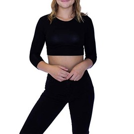 HALFTEE 3/4 Crew Neck Layering Tee | Crop Tops for Women & Teens | Black | L