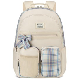 KROSIAS School Backpack for Girls, Cute Kawaii Plaid Kids Bookbag Large 17.3 Inch Laptop Bag for Middle High School College Backpacks for Women Students Teenager, Beige