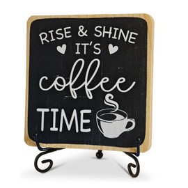 Farmhouse Coffee Bar Sign, Rise & Shine It's Coffee Time, 6"x6" Wood Plaque with Stand Gift for Home Kitchen Tabletop Decor